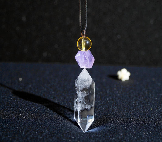 Natural Clear Quartz Amethyst Citrine Necklace, Raw Crystal Point Pendant, Adjustable Cord Chunky Healing Jewelry, Gift for Him #2089