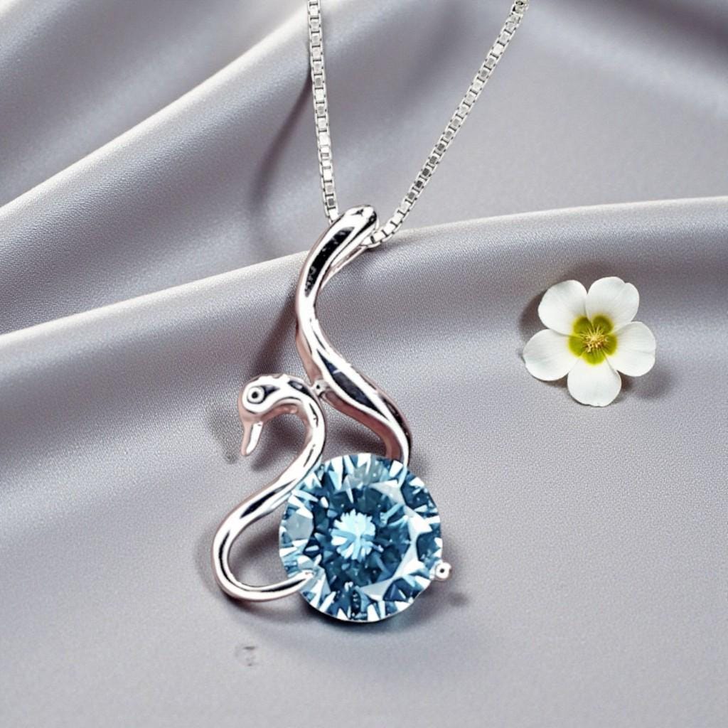 8mm 2 CT Aquamarine Necklace - 18KGP Sterling Silver - Swan Pendant - Solitaire Aquamarine - Simple Aquamarine Jewelry #149