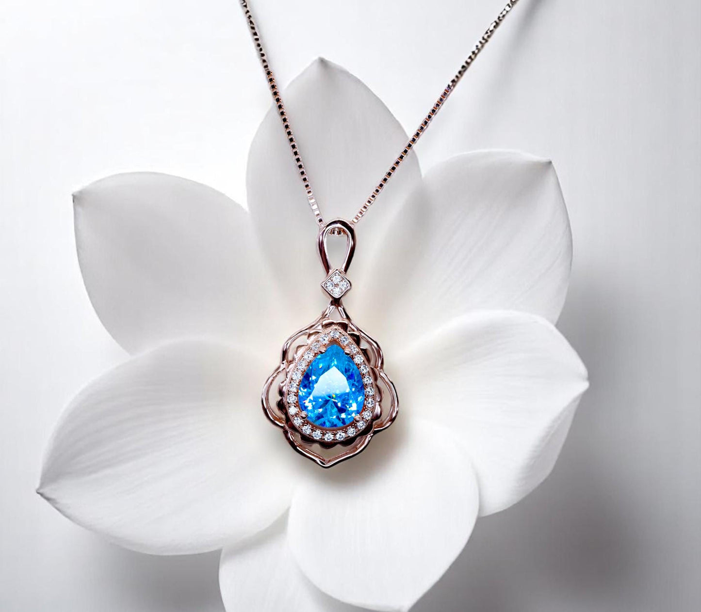 Teardrop Swiss Blue Topaz Necklace - Rose Gold coated Sterling Silver December Birthstone - 3 ct Blue Topaz Necklace #719