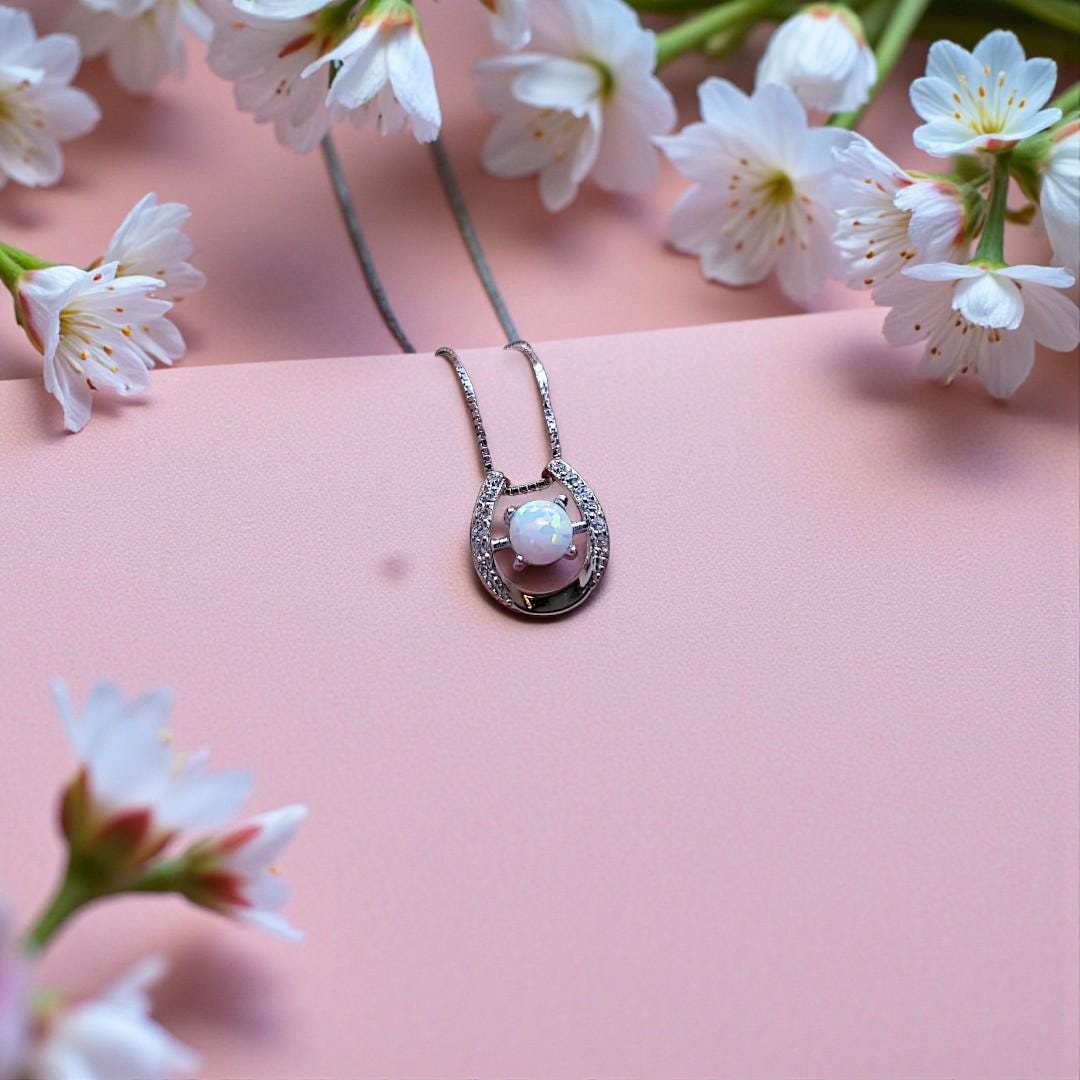 White Opal Horseshoe Necklace Sterling Silver Dainty Diamond Stone Opal Choker, Minimalist White Gold coated Opal Jewelry 1114