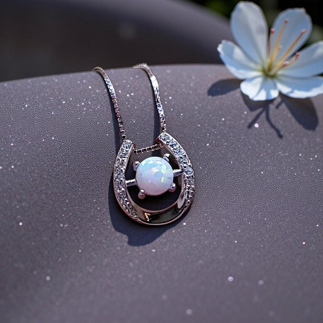 White Opal Horseshoe Necklace Sterling Silver Dainty Diamond Stone Opal Choker, Minimalist White Gold coated Opal Jewelry 1114