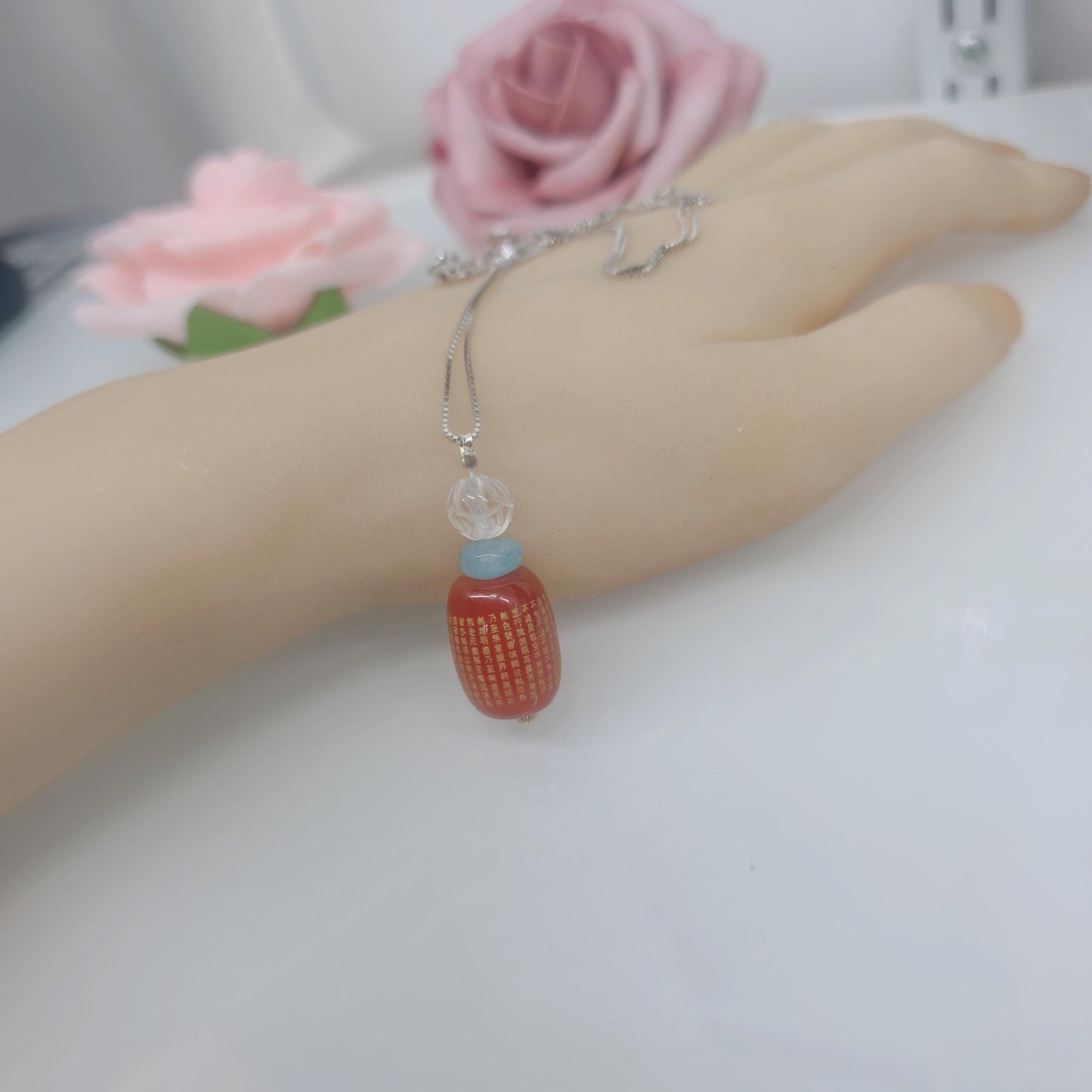 Red Carnelian Heart Sutra Pendant Necklace, Clear Quartz Lotus Spiritual Buddhist Protection Amulet chunky stone jewelry #2330