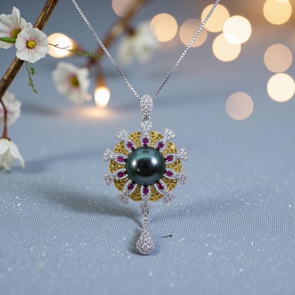 Black Pearl Necklace - 18KGP - Sterling Silver with Gold Sun Sunflower Style - Genuine Black Pearl Jewelry #742