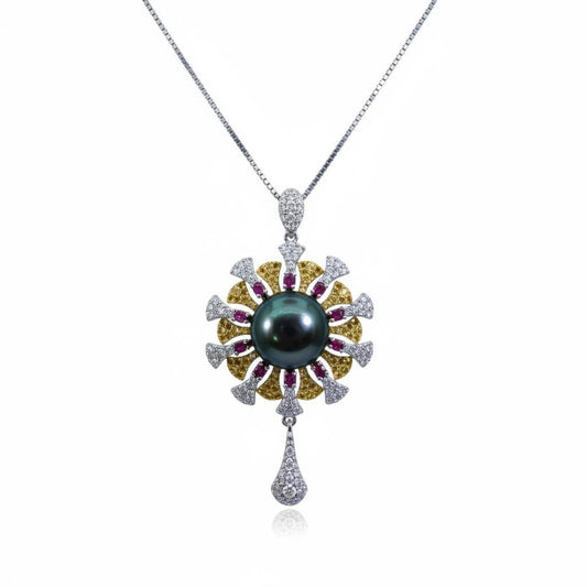 Black Pearl Necklace - 18KGP - Sterling Silver with Gold Sun Sunflower Style - Genuine Black Pearl Jewelry #742