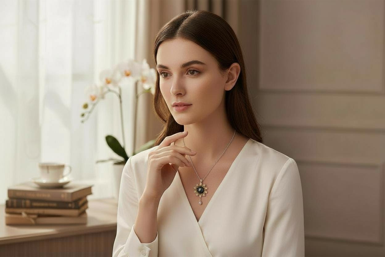 Black Pearl Necklace - 18KGP - Sterling Silver with Gold Sun Sunflower Style - Genuine Black Pearl Jewelry #742