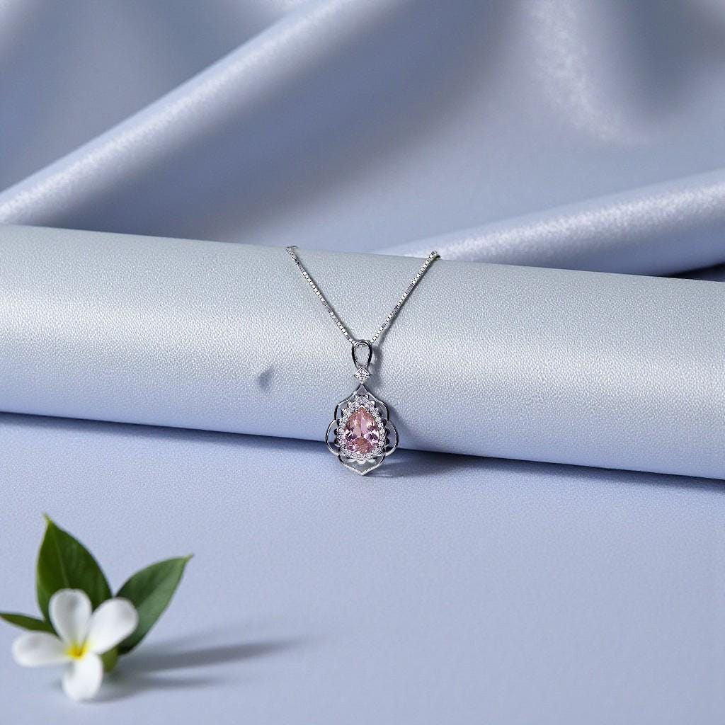 Morganite Necklace Gemstone Leaf Style 18kgp @ Sterling Silver - 2.75 CT Pink Gemstone - June Birthstone - Teardrop Morganite Jewelry #731
