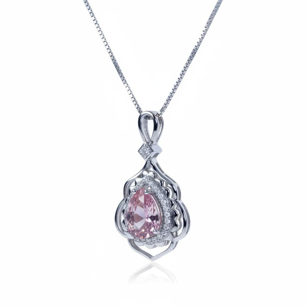 Morganite Necklace Gemstone Leaf Style 18kgp @ Sterling Silver - 2.75 CT Pink Gemstone - June Birthstone - Teardrop Morganite Jewelry #731