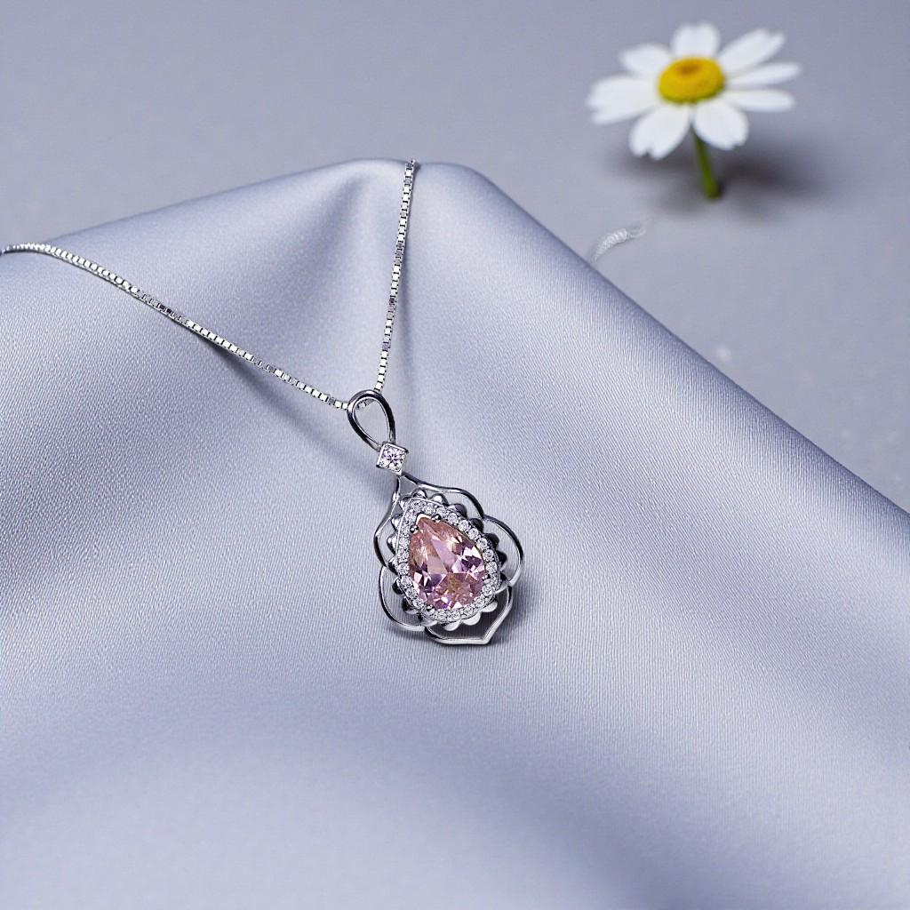 Morganite Necklace Gemstone Leaf Style 18kgp @ Sterling Silver - 2.75 CT Pink Gemstone - June Birthstone - Teardrop Morganite Jewelry #731