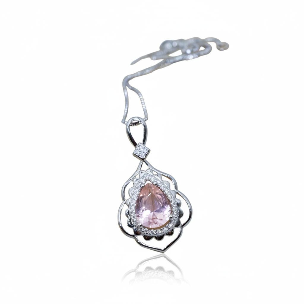 Morganite Necklace Gemstone Leaf Style 18kgp @ Sterling Silver - 2.75 CT Pink Gemstone - June Birthstone - Teardrop Morganite Jewelry #731