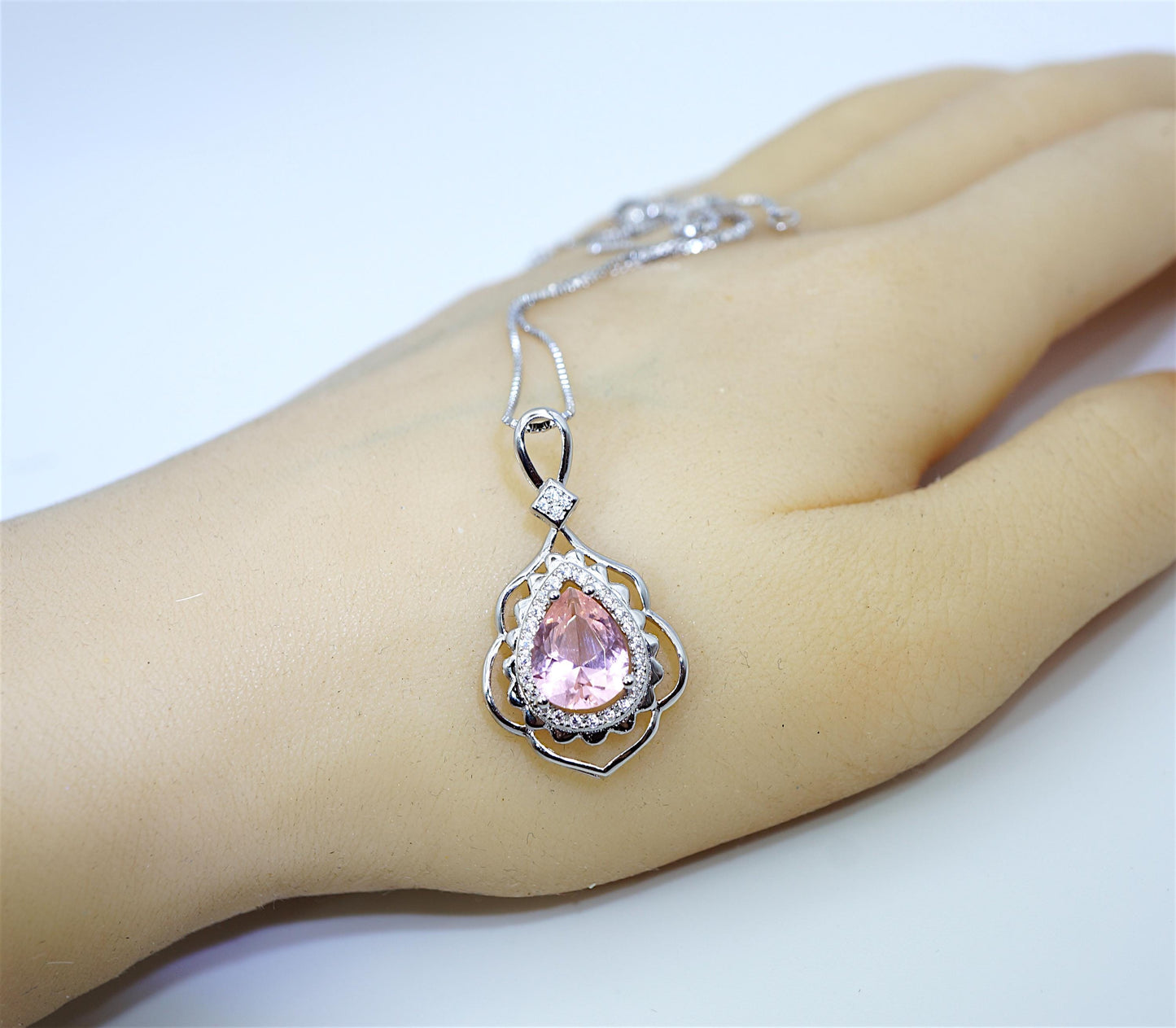 Morganite Necklace Gemstone Leaf Style 18kgp @ Sterling Silver - 2.75 CT Pink Gemstone - June Birthstone - Teardrop Morganite Jewelry #731