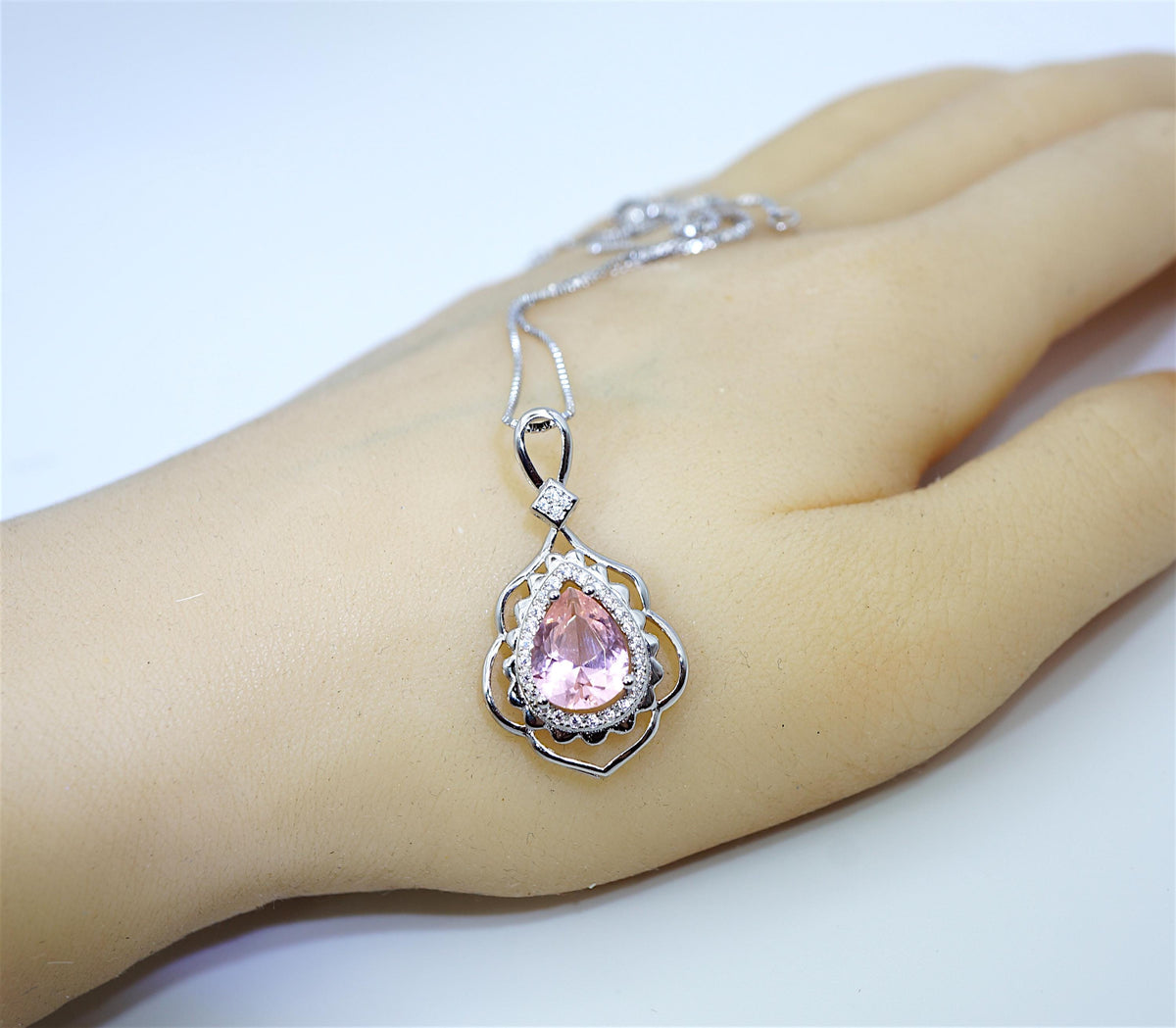 Morganite Necklace Gemstone Leaf Style 18kgp @ Sterling Silver - 2.75 CT Pink Gemstone - June Birthstone - Teardrop Morganite Jewelry #731