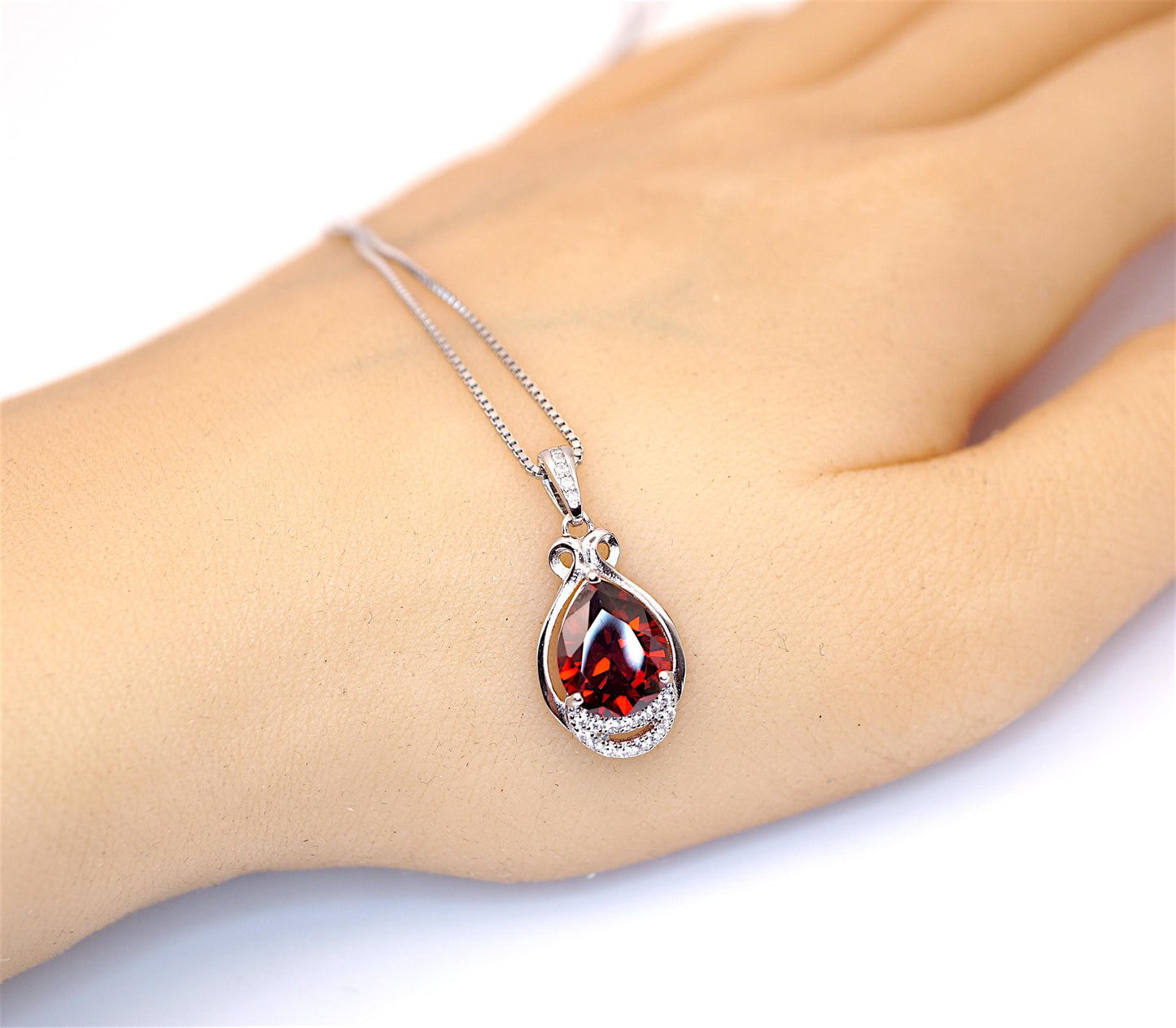 Teardrop Garnet Necklace - White Gold plated Sterling Silver - 2.75 CT Red Garnet Pendant - January Birthstone #438