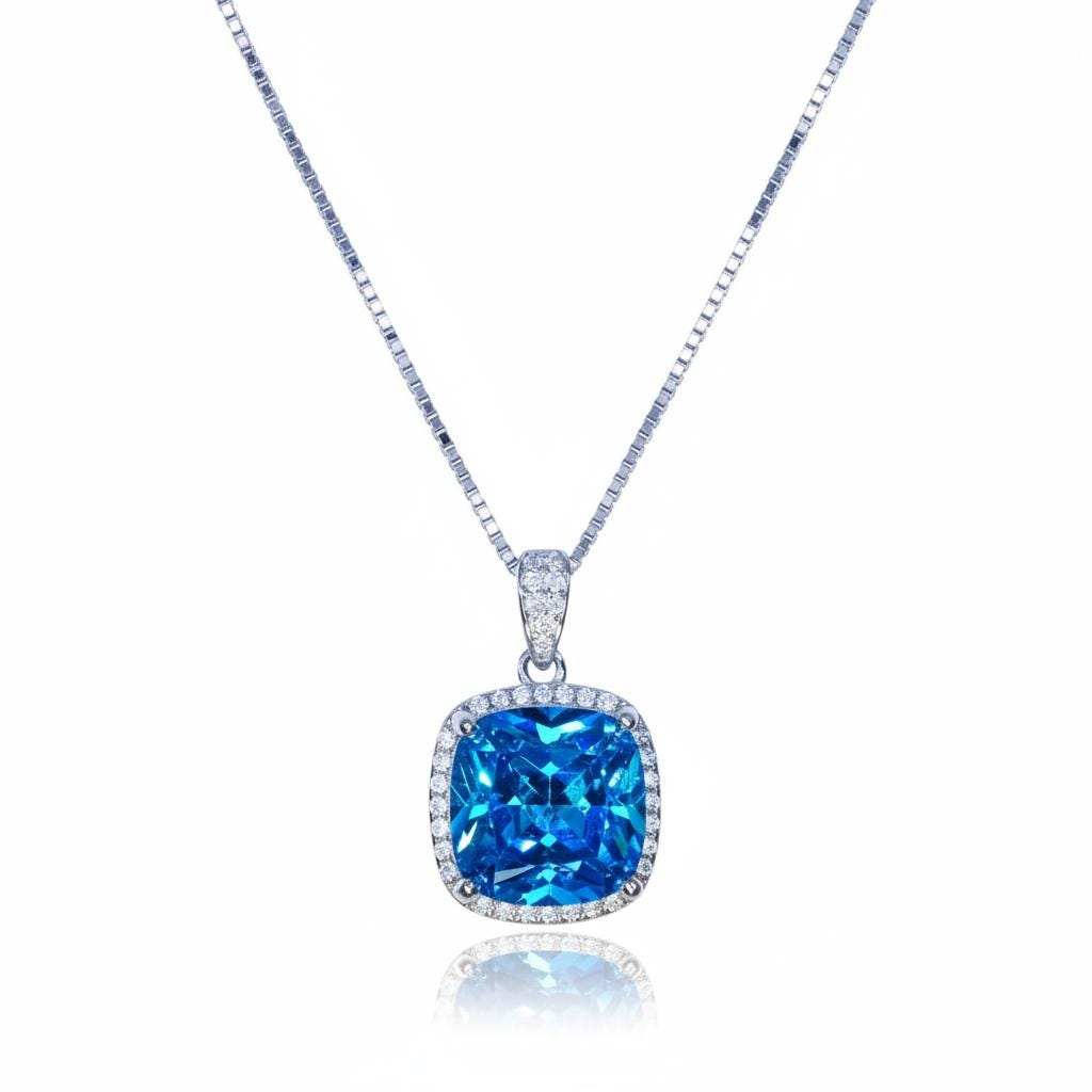 Topaz Necklace - Sterling Silver Cushion Square Large 6 CT Blue Topaz Jewelry #542