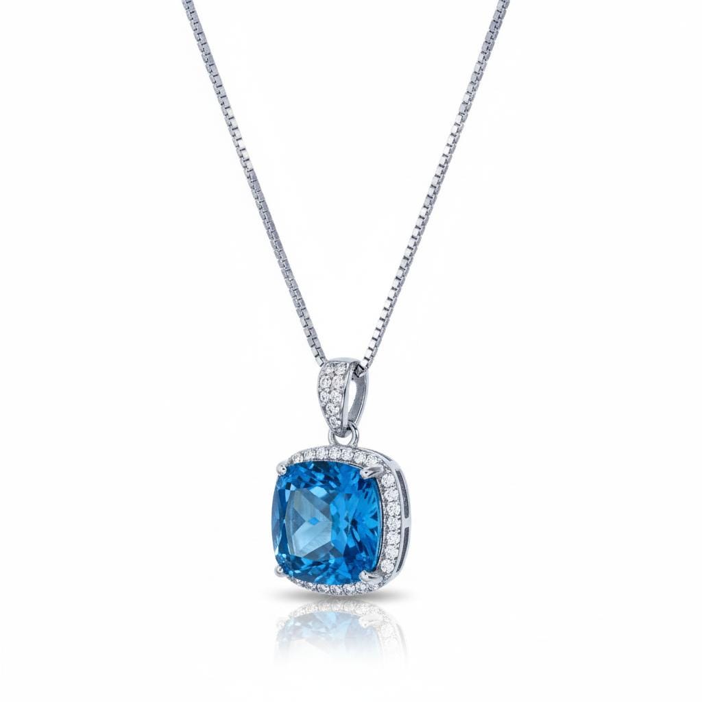 Topaz Necklace - Sterling Silver Cushion Square Large 6 CT Blue Topaz Jewelry #542