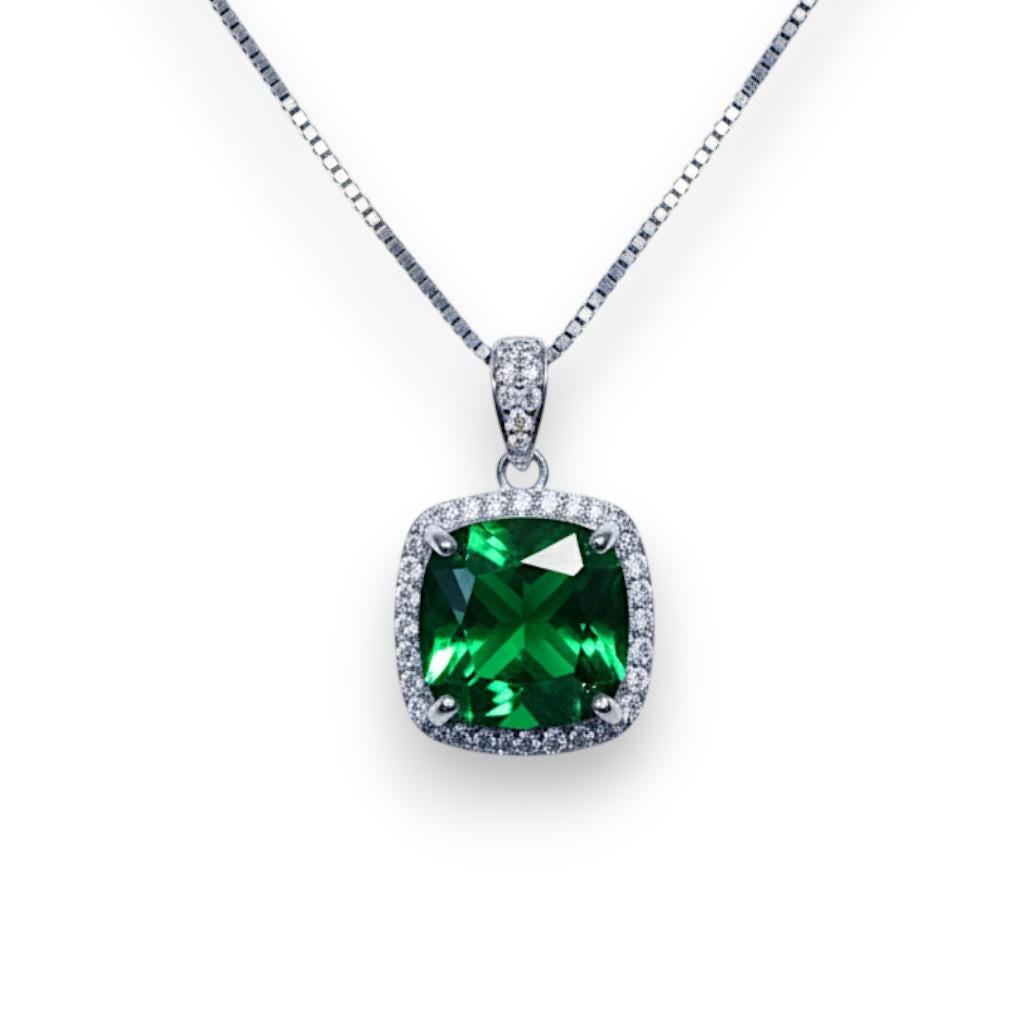 Large Emerald Necklace - Sterling Silver Square 10 mm lab created Green Emerald Pendant - May Birthstone 18KGP #958