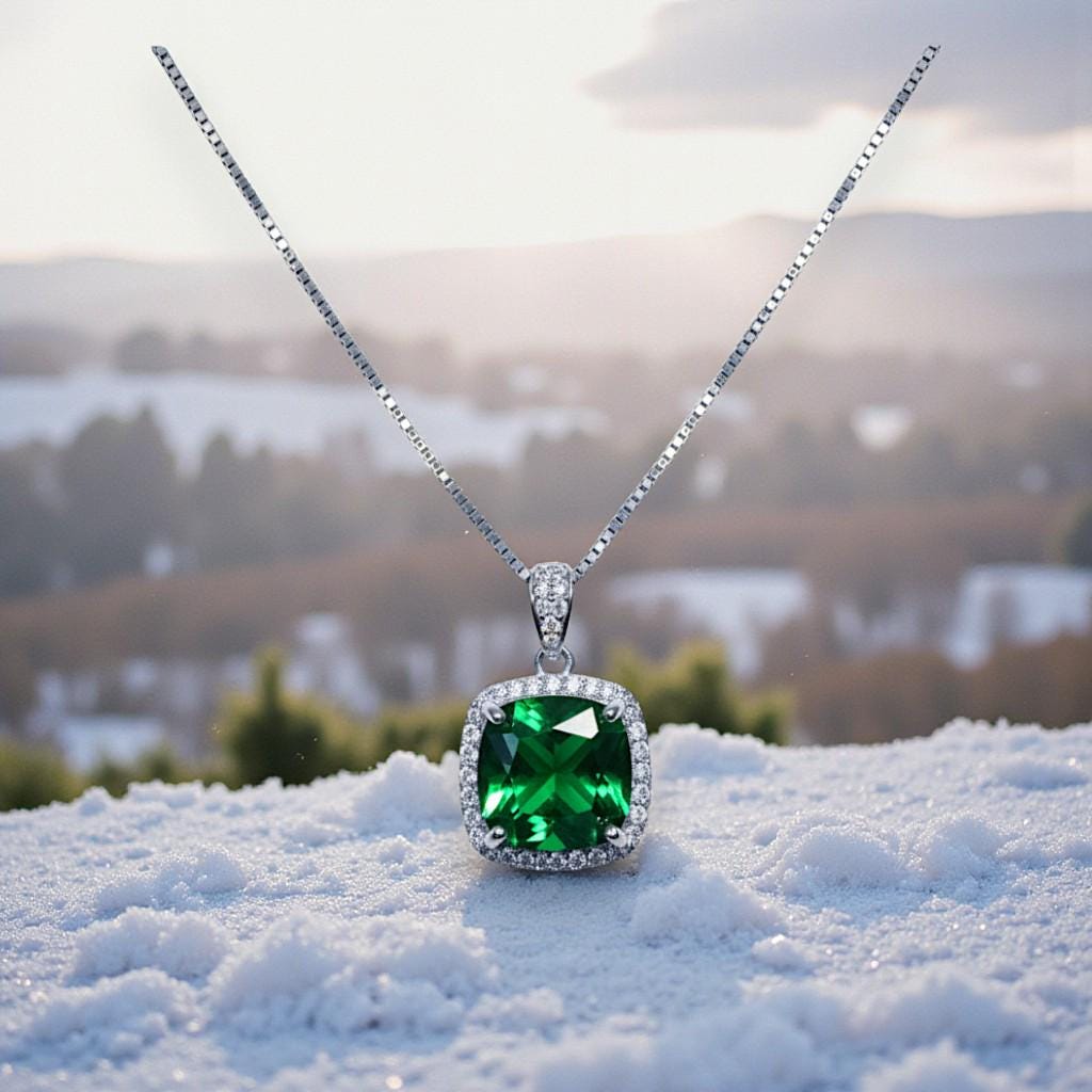 Large Emerald Necklace - Sterling Silver Square 10 mm lab created Green Emerald Pendant - May Birthstone 18KGP #958