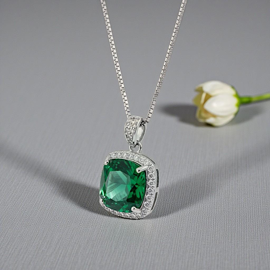 Large Emerald Necklace - Sterling Silver Square 10 mm lab created Green Emerald Pendant - May Birthstone 18KGP #958