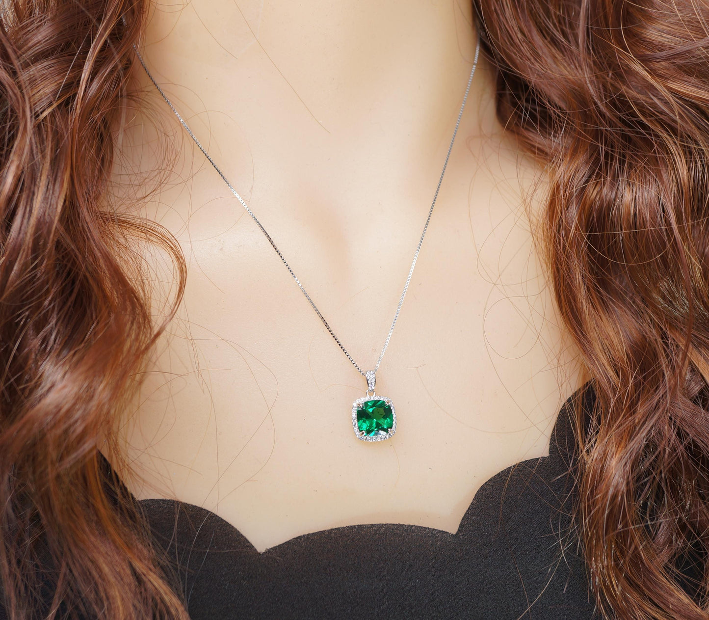 Large Emerald Necklace - Sterling Silver Square 10 mm lab created Green Emerald Pendant - May Birthstone 18KGP #958