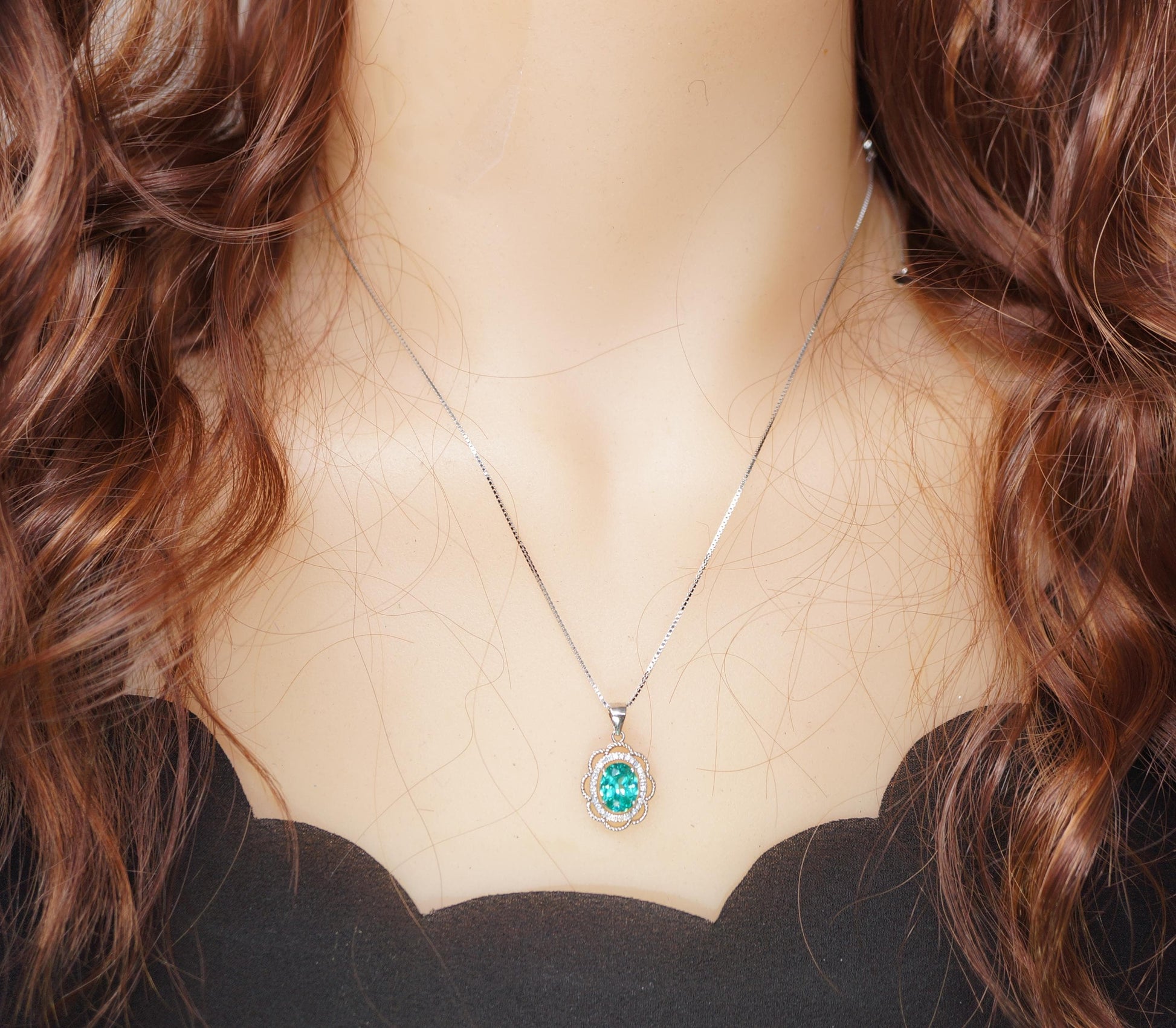 Paraiba Tourmaline Necklace, Lab Created Blue Green Gemstone Pendant, Sterling Silver Floral Halo Necklace, Victorian Style Jewelry 1143