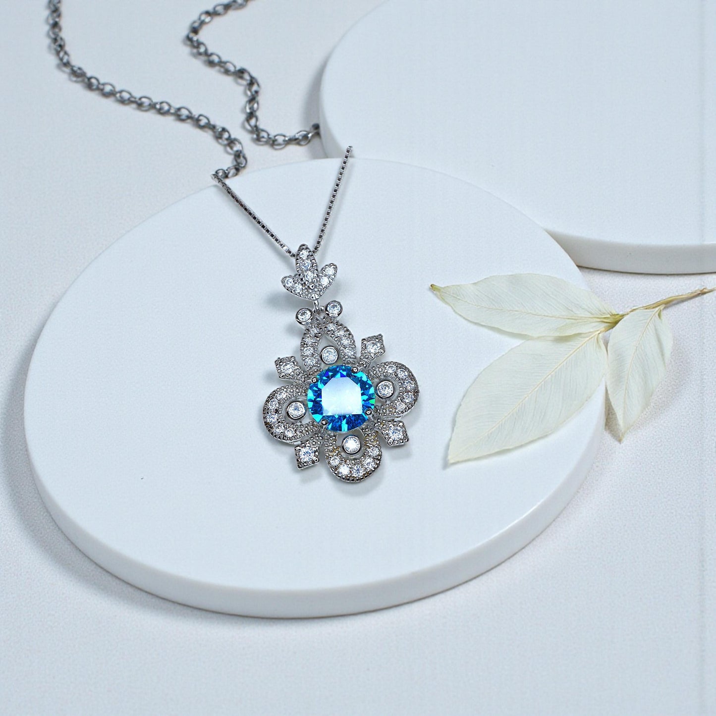 Blue Topaz Necklace - Sterling Silver 4 Petal Flower Jewelry - November Birthstone Chain Blue Gemstone Necklace 1126