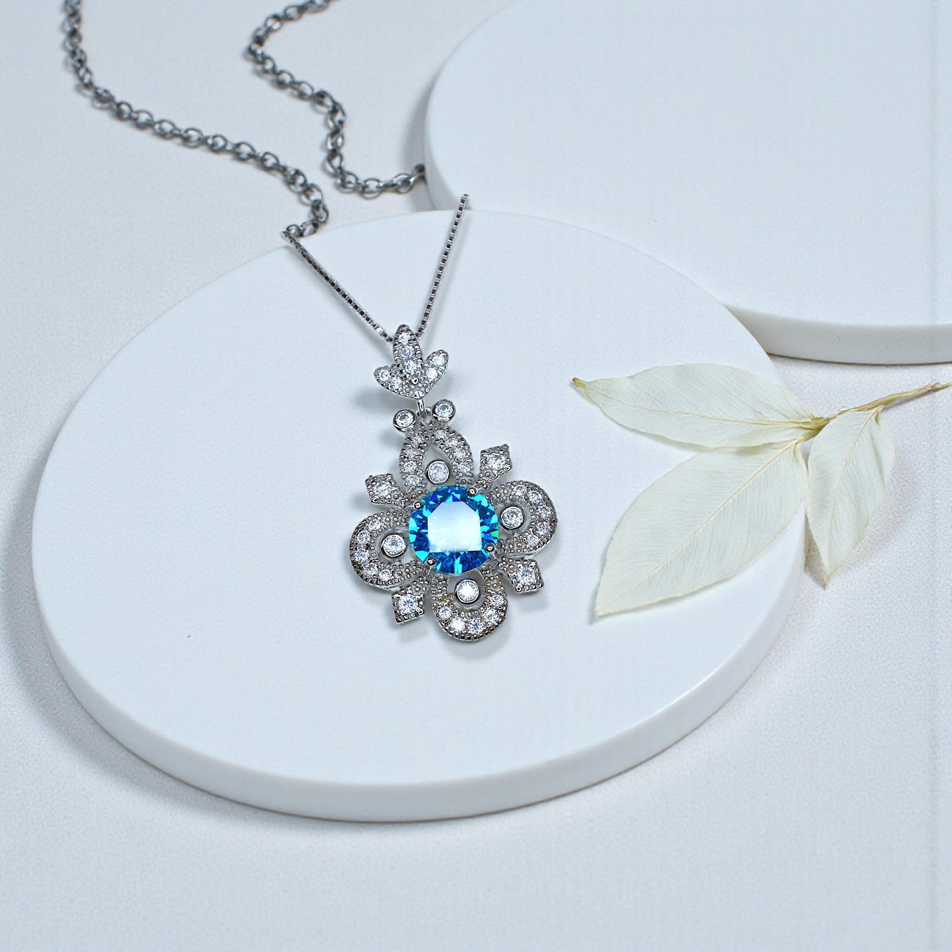Blue Topaz Necklace - Sterling Silver 4 Petal Flower Jewelry - November Birthstone Chain Blue Gemstone Necklace 1126