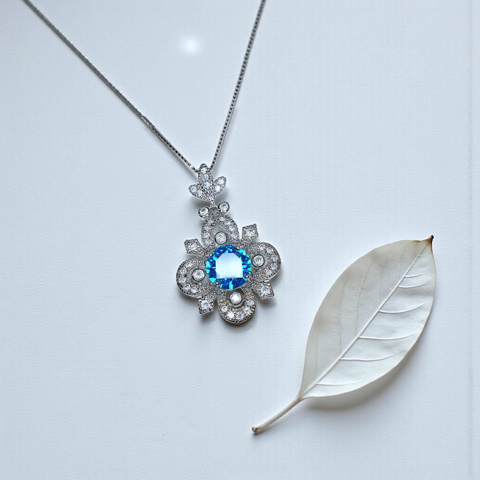 Blue Topaz Necklace - Sterling Silver 4 Petal Flower Jewelry - November Birthstone Chain Blue Gemstone Necklace 1126