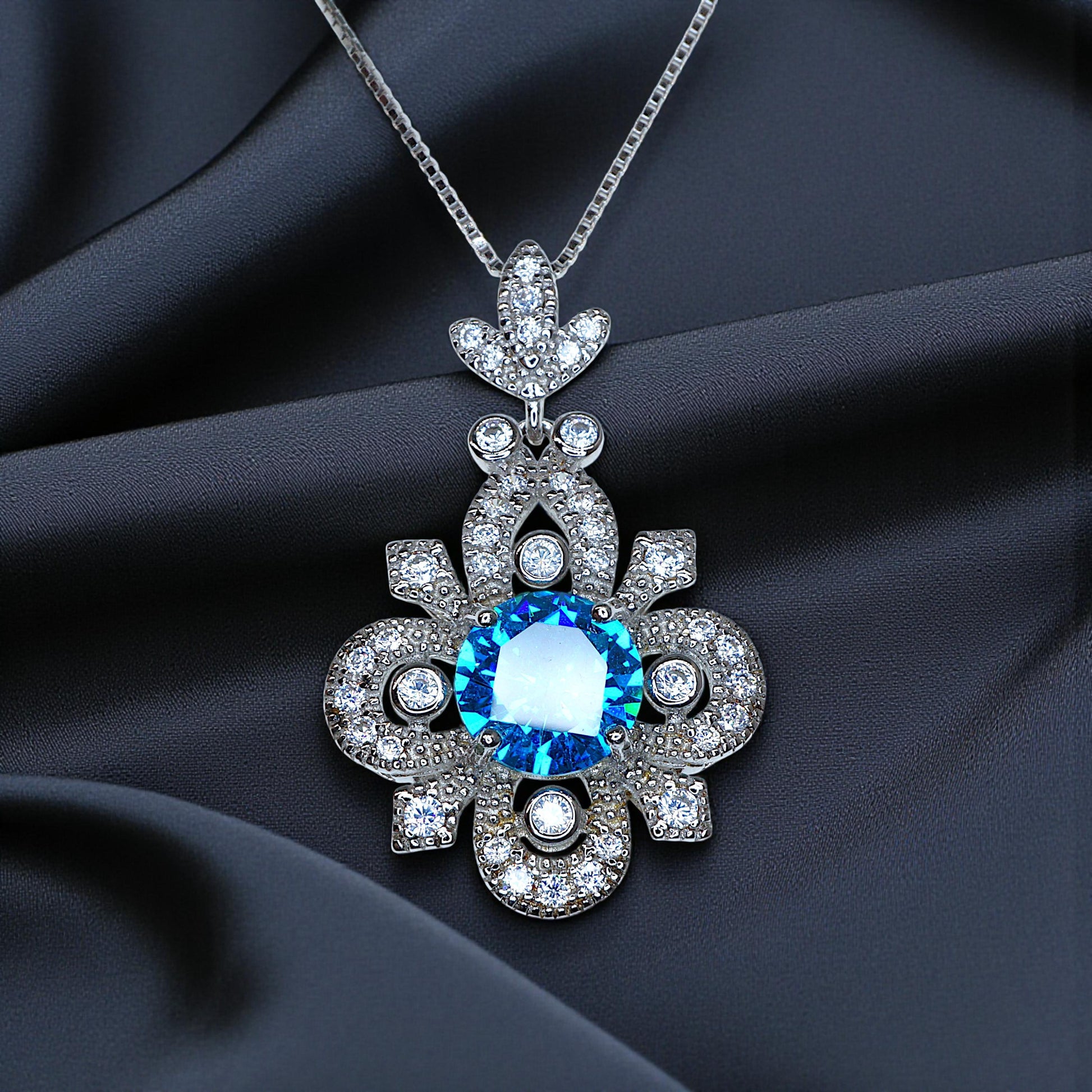 Blue Topaz Necklace - Sterling Silver 4 Petal Flower Jewelry - November Birthstone Chain Blue Gemstone Necklace 1126