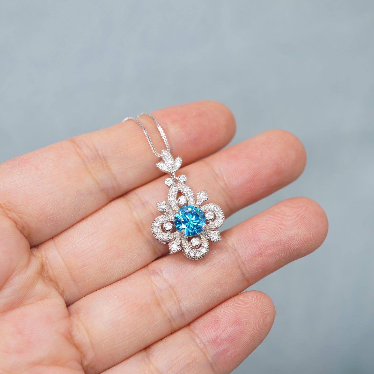 Blue Topaz Necklace - Sterling Silver 4 Petal Flower Jewelry - November Birthstone Chain Blue Gemstone Necklace 1126