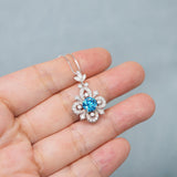 Blue Topaz Necklace - Sterling Silver 4 Petal Flower Jewelry - November Birthstone adjustable Chain Blue Gemstone Necklace 1126