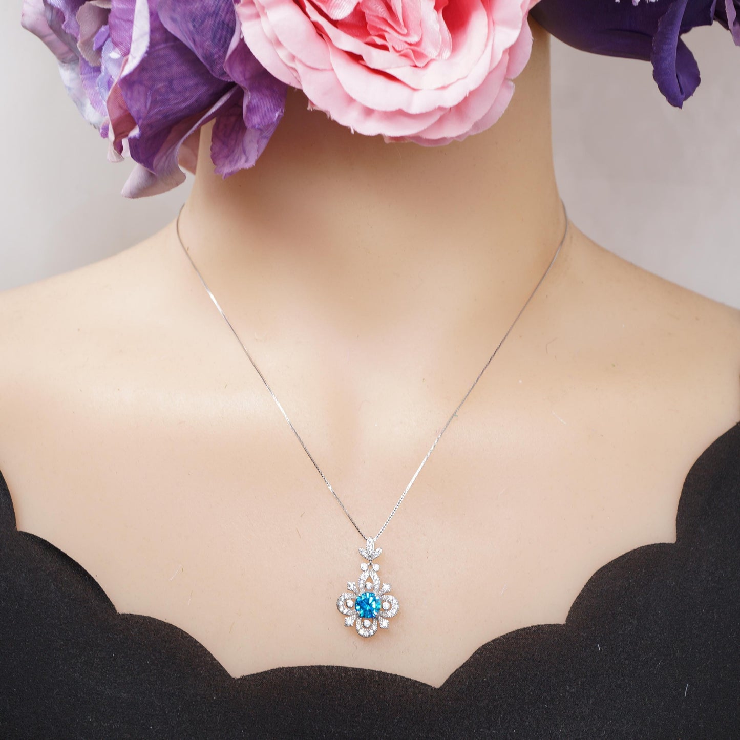 Blue Topaz Necklace - Sterling Silver 4 Petal Flower Jewelry - November Birthstone Chain Blue Gemstone Necklace 1126