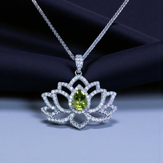 Genuine Peridot Necklace Lotus Flower Style Water Lily Pendant 18KGP @ Sterling Silver Birthstone Jewelry Green Gemstone Pendant #1127