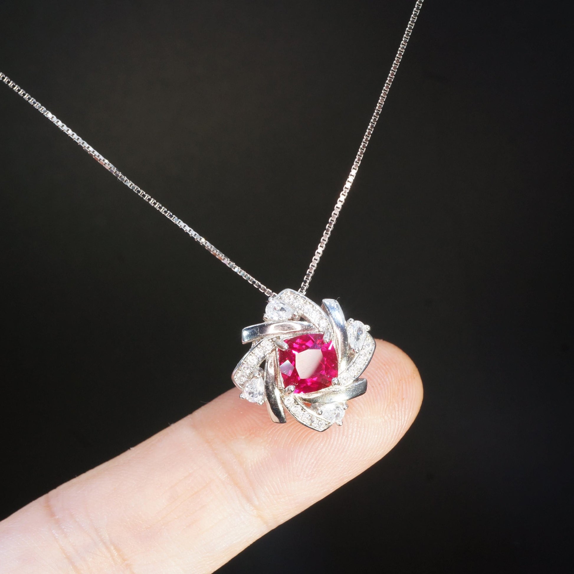Sterling Silver Red Ruby Necklace 1.5 CT Solitaire Red Ruby Spiral Pendant Sterling Silver White Gold Plated July Birthstone #1130