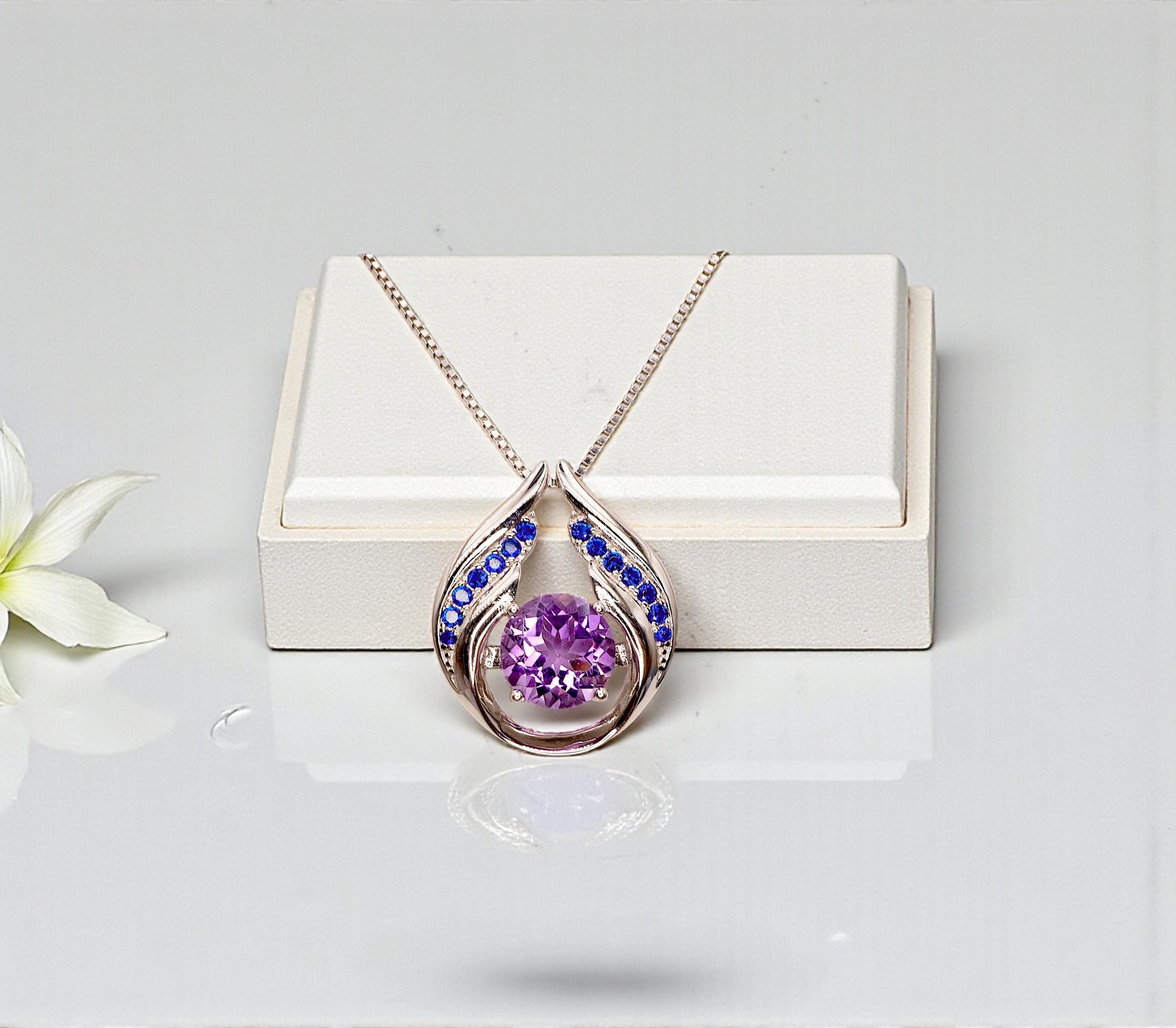 Genuine Amethyst Necklace - Hold Your Heart Pendant - 18KGP @ Sterling Silver - Blue Sapphire Style - Round Cut Natural Amethyst Pendant 700