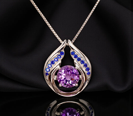 Genuine Amethyst Necklace - Hold Your Heart Pendant - 18KGP @ Sterling Silver - Blue Sapphire Style - Round Cut Natural Amethyst Pendant 700
