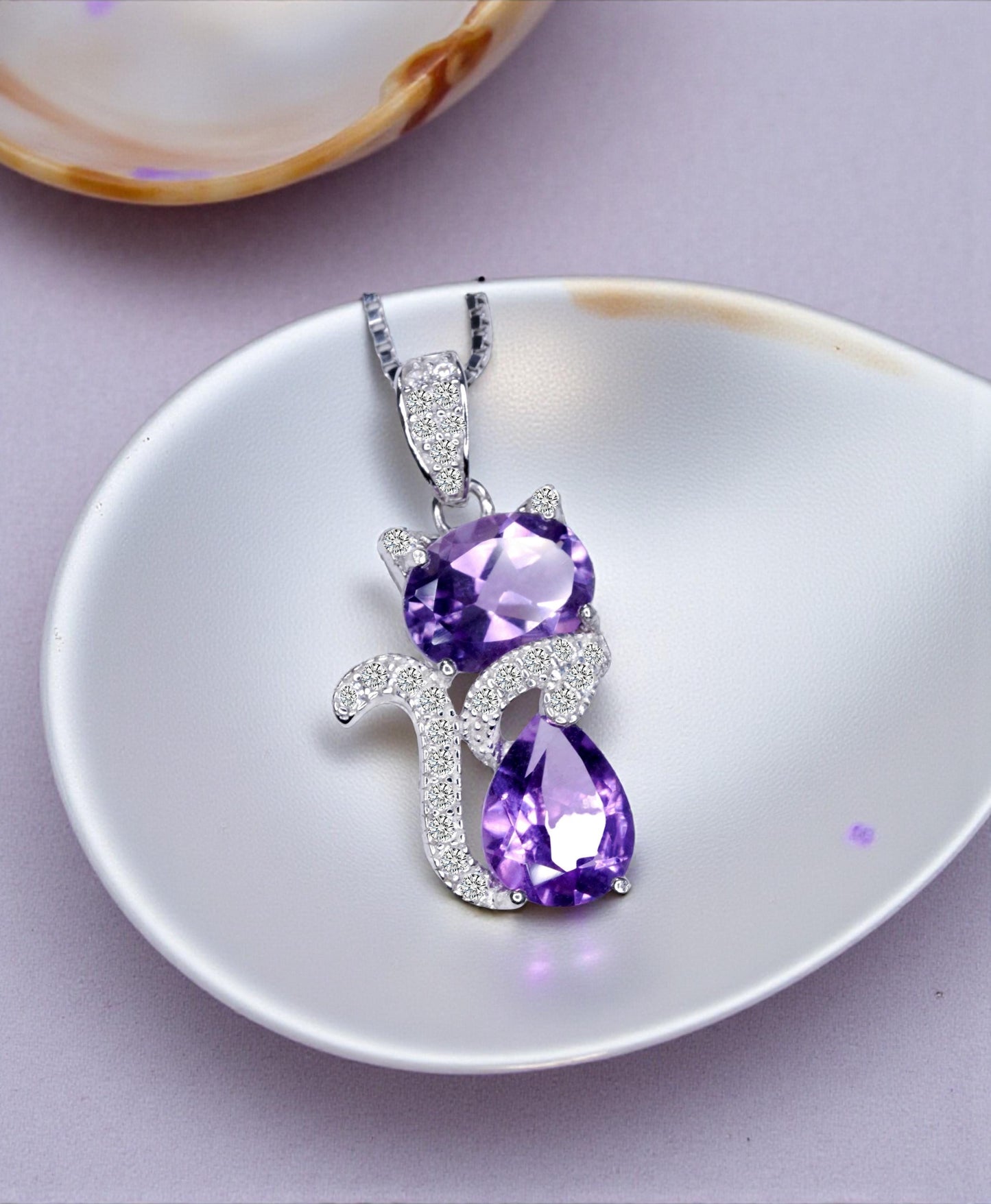 Natural Amethyst Necklace - Sterling Silver Cat Pendant- Purple Stone Gemstone Kitty Kitten Jewelry Crown Chakra Healing #221