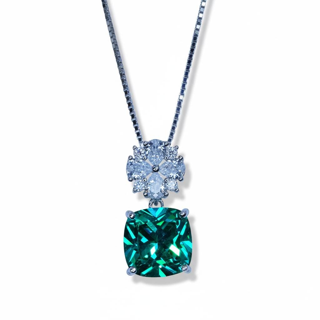 Paraiba Blue Tourmaline Necklace, Cushion Cut Gemstone Pendant, Sterling Silver Gold Plated Jewelry, Unique Gift for Her, Neon Blue 1144