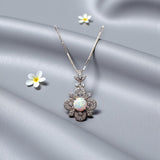 Vintage White Opal Necklace in Sterling Silver, 8mm Opal Pendant, 18K White Gold Plated Floral Jewelry, Anniversary Gift #1145