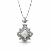 Vintage White Opal Necklace in Sterling Silver, 8mm Opal Pendant, 18K White Gold Plated Floral Jewelry, Anniversary Gift #1145