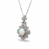Vintage White Opal Necklace in Sterling Silver, 8mm Opal Pendant, 18K White Gold Plated Floral Jewelry, Anniversary Gift #1145