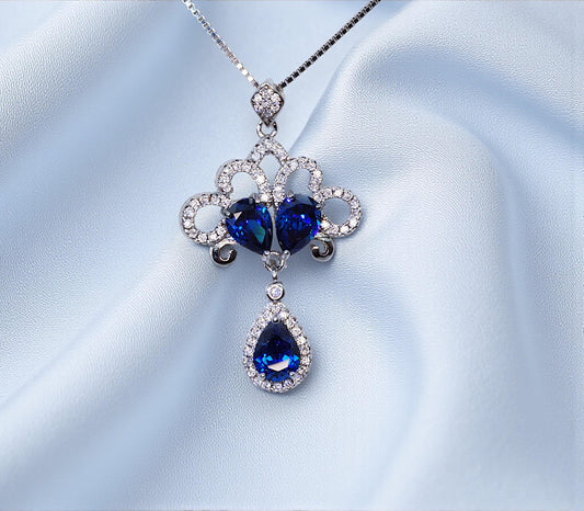 Blue Sapphire Necklace, Sterling Silver Peacock Flower Pendant, Blue Gemstone Tassel Jewelry, September Birthstone 18K Gold Plate #776
