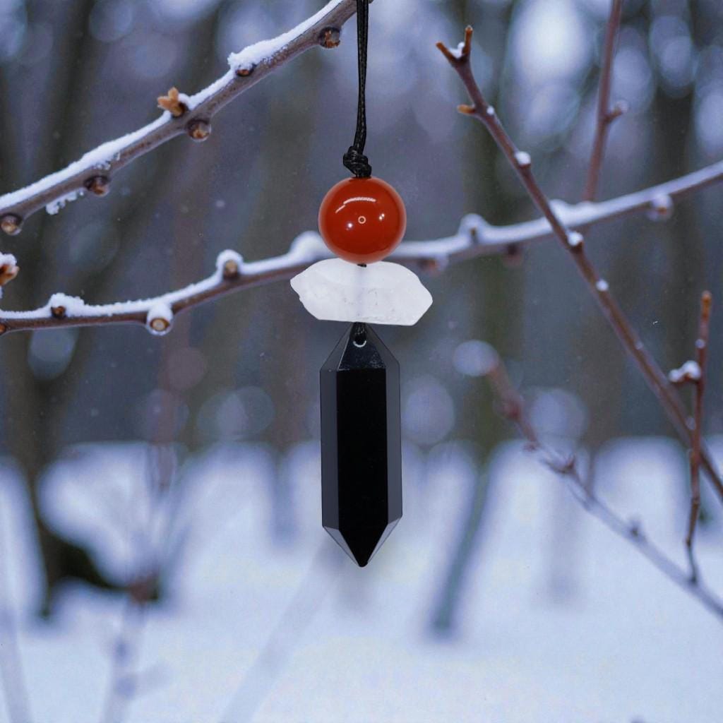 Triple Protection Necklace - Black Obsidian Point,Chunky Clear Quartz Red Carnelian Adjustable 30" Cord - Crystal Talisman Men #2078
