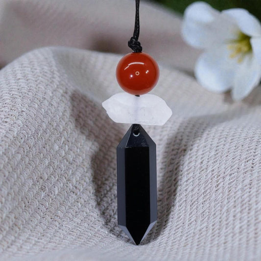 Triple Protection Necklace - Black Obsidian Point,Chunky Clear Quartz Red Carnelian Adjustable 30" Cord - Crystal Talisman Men #2078