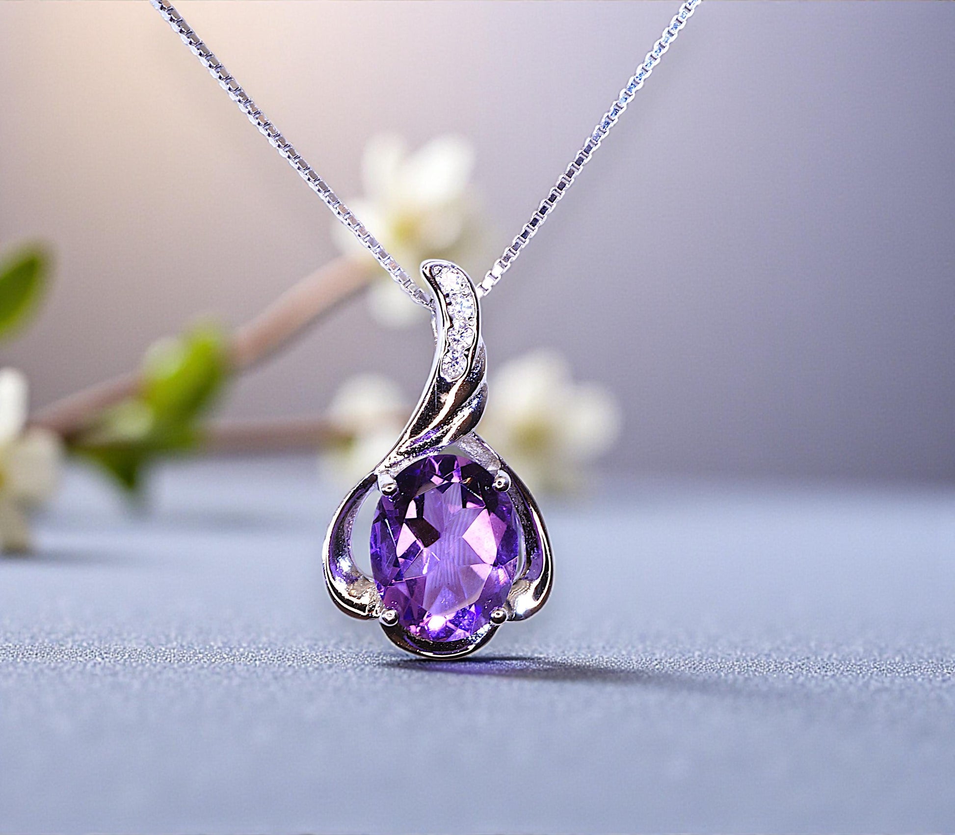 Genuine Amethyst Necklace - Sterling Silver Petal Flower Natural Amethyst Pendant February Birthstone Purple Gemstone Jewelry #461