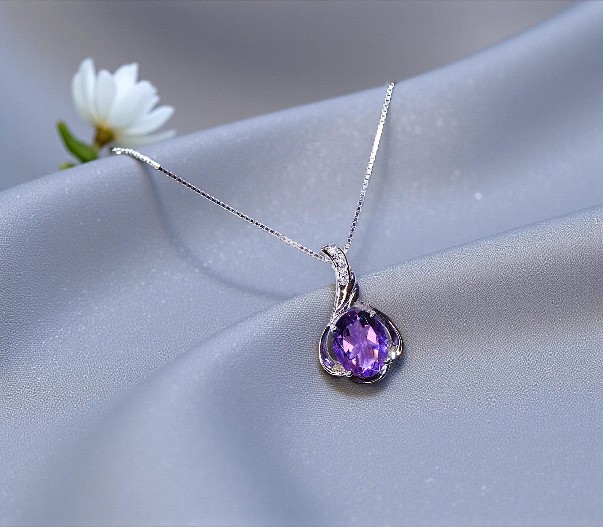 Genuine Amethyst Necklace - Sterling Silver Petal Flower Natural Amethyst Pendant February Birthstone Purple Gemstone Jewelry #461