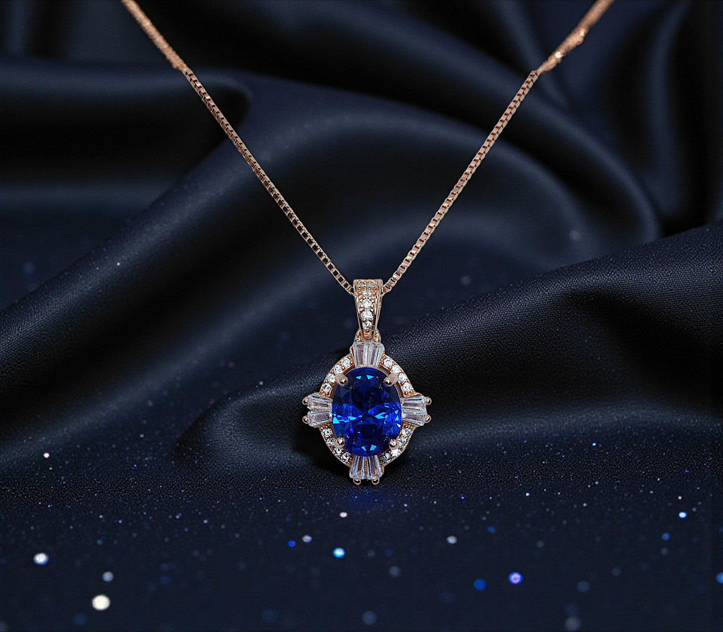 Blue Sapphire Rose Gold Necklace Rose Gold Sterling Silver Gemstone Oval Blue Gemstone Pendant September Birthstone #163