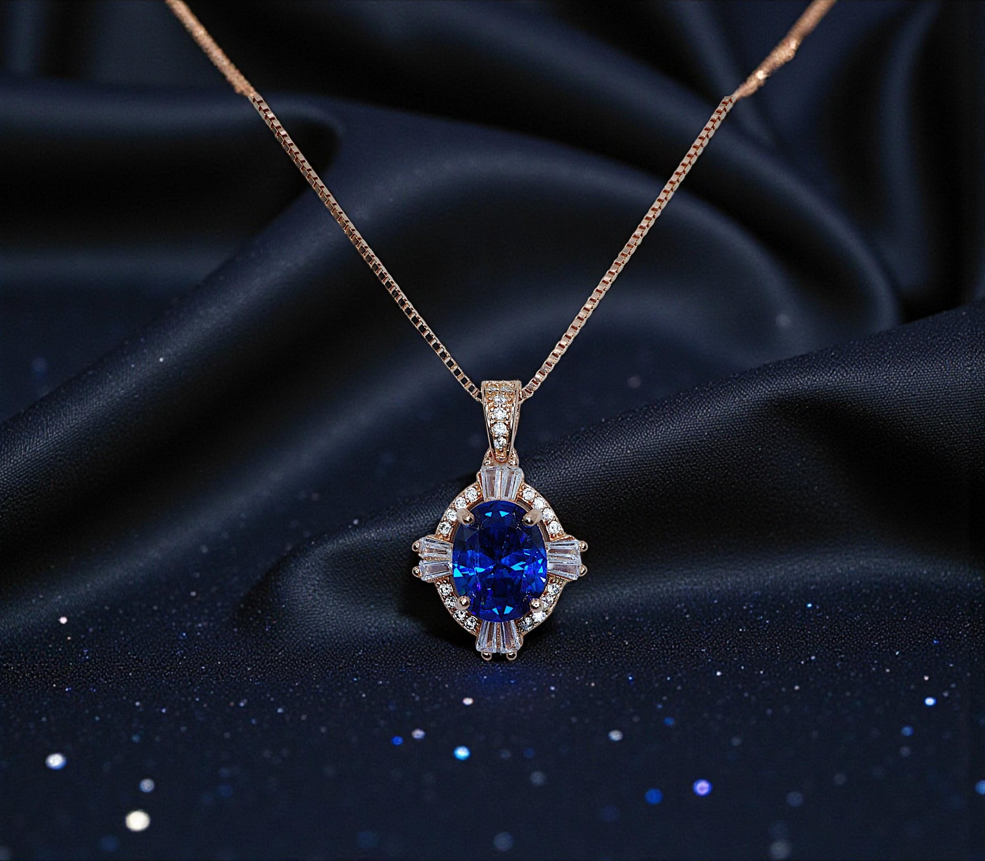Blue Sapphire Rose Gold Necklace Rose Gold Sterling Silver Gemstone Oval Blue Gemstone Pendant September Birthstone #163