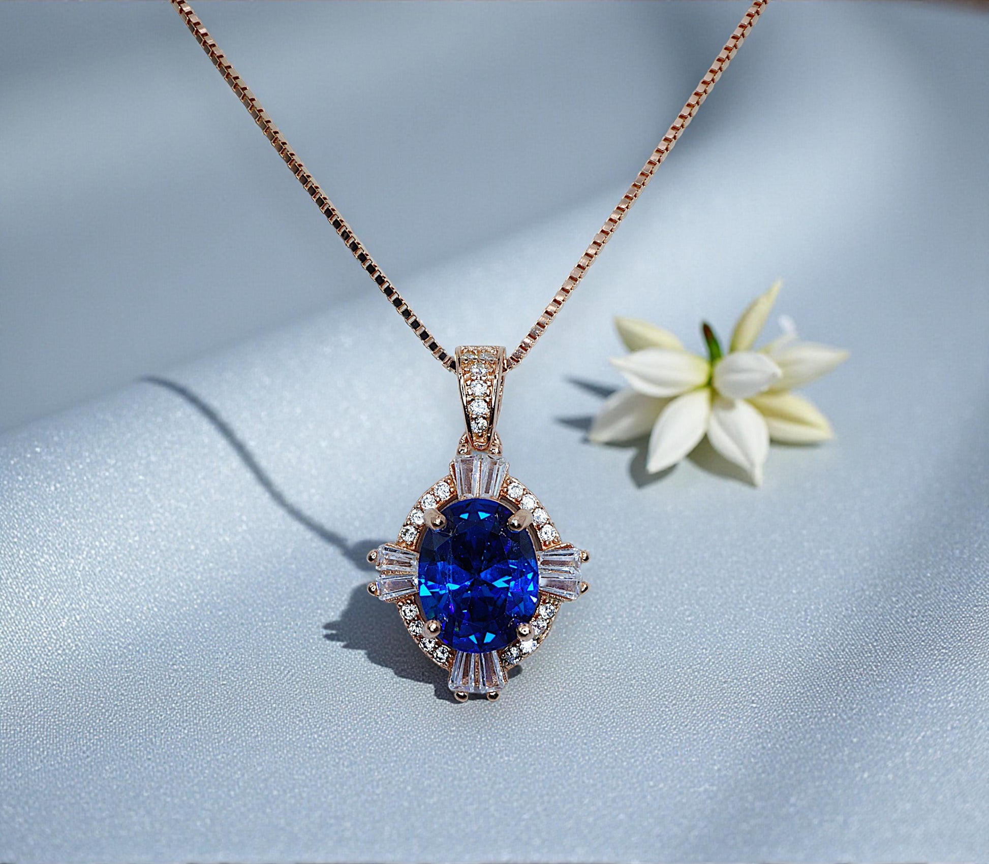 Blue Sapphire Rose Gold Necklace Rose Gold Sterling Silver Gemstone Oval Blue Gemstone Pendant September Birthstone #163