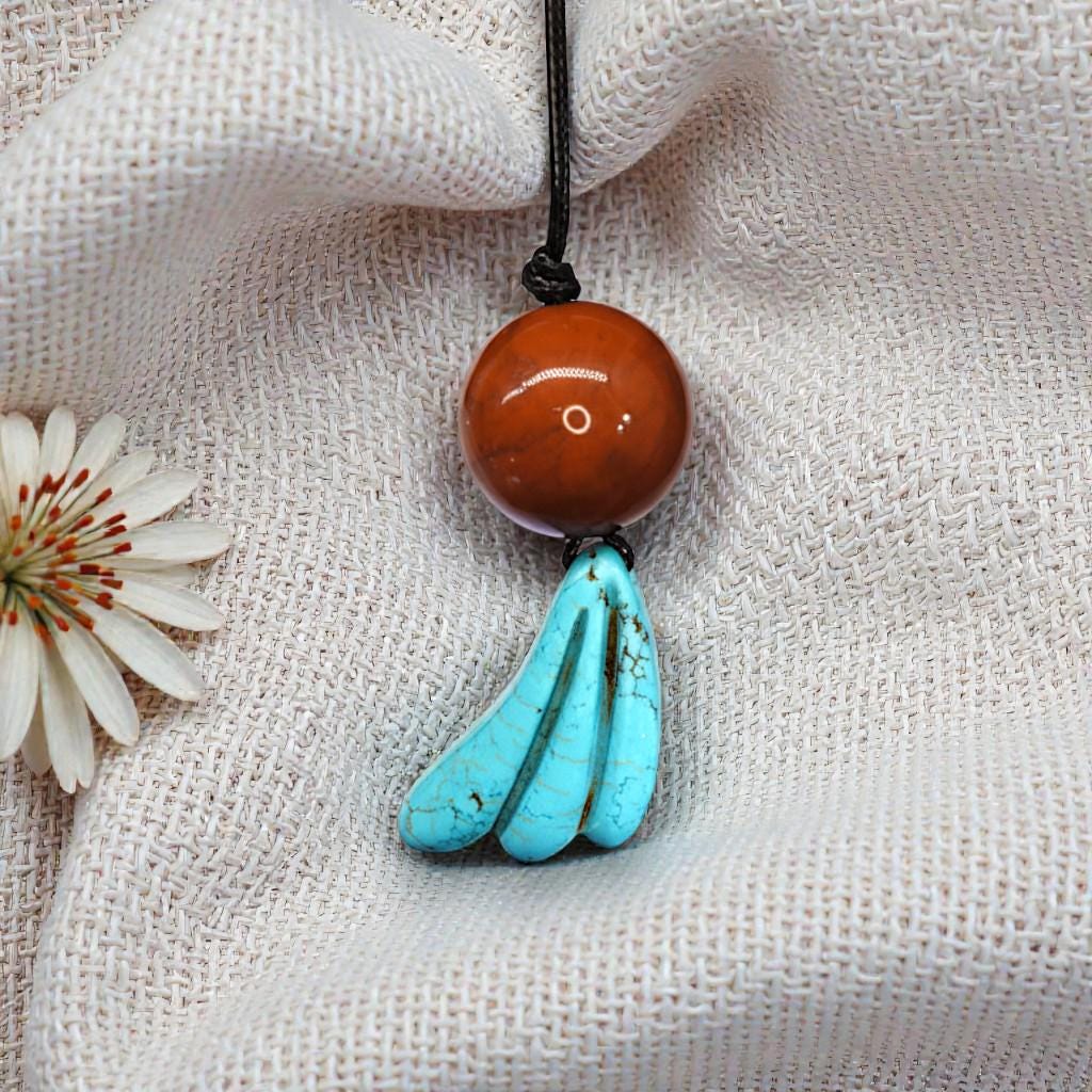 Red Jasper & Turquoise Totem Necklace, 20mm Large Bead Jewelry, Carved Chunky turquoise Pendant, 30" Adjustable Leather #2077