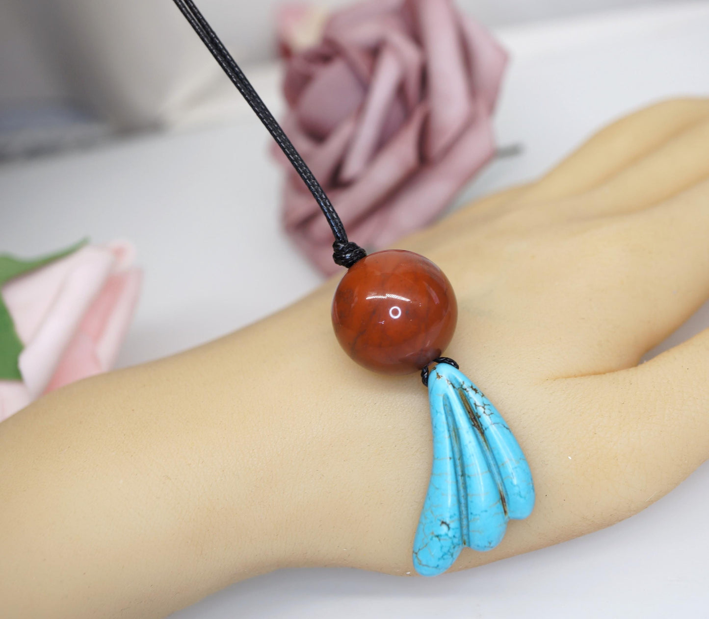 Red Jasper & Turquoise Totem Necklace, 20mm Large Bead Jewelry, Carved Chunky turquoise Pendant, 30" Adjustable Leather #2077