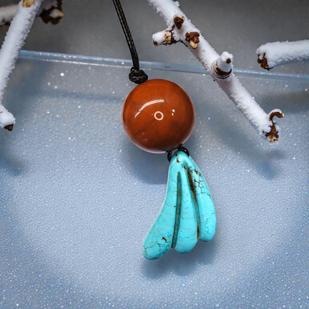 Red Jasper & Turquoise Totem Necklace, 20mm Large Bead Jewelry, Carved Chunky turquoise Pendant, 30" Adjustable Leather #2077